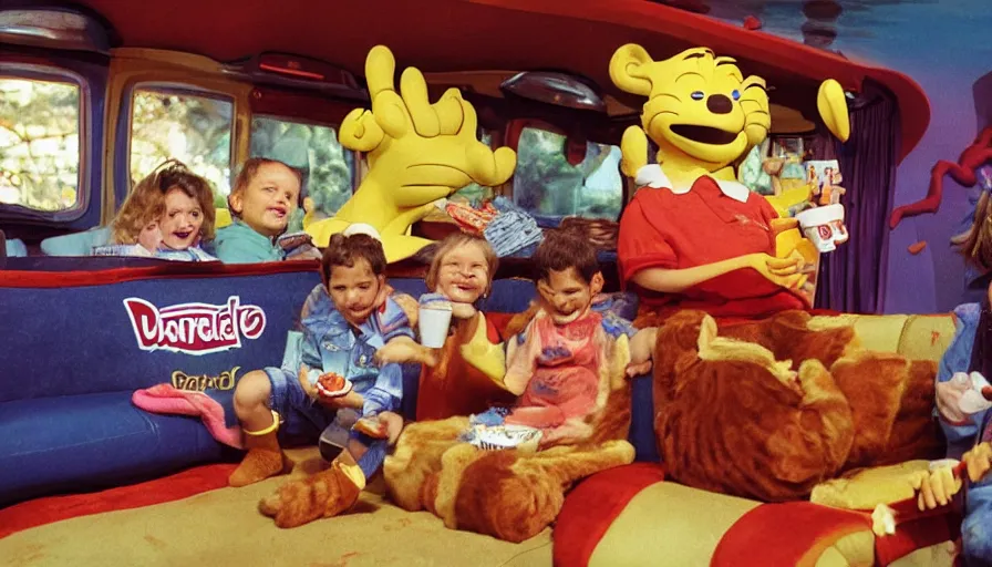 Prompt: 1990s photo of inside the Garfield's Wild Dream ride at Universal Studios in Orlando, Florida, children riding a box with a blanket, with Garfield the cartoon cat, through a living room filled lasagna, coffee cups, and lava lamps, cinematic, UHD