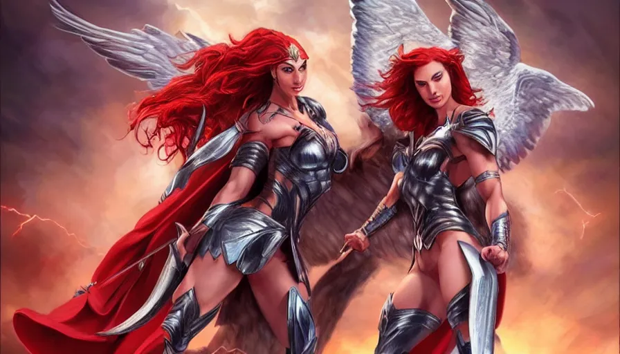 Image similar to painting of gal gadot as muscular and beautiful valkyrie with long red hair, fantasy art, full shot, atmospheric lightning, by artgerm