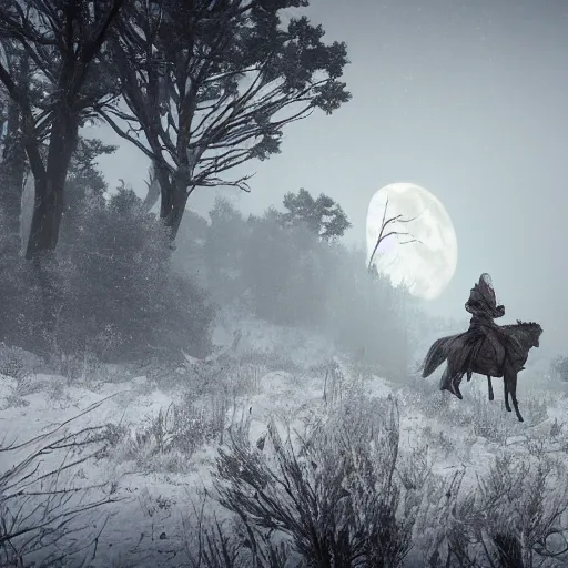 Image similar to the wild hunt, wraiths riding in the sky, mythical creatures in undead nightmare, bad omen, enchanted forest, blizzard storm, fog, full moon, snowy environment, in the style of the witcher series, hyperrealism, atmospheric, cinematic, disturbing, breathtaking, award winning, groundbreaking, octane render, unreal 5, intricate digital art, sharp focus, 8 k