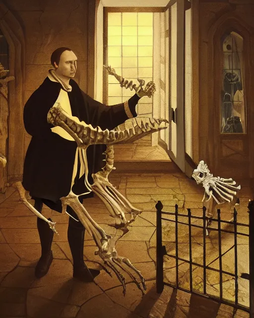Image similar to A painting of Martin Luther nailing a paper skeleton Halloween decoration to the door of a suburban home, in the styles of Ferdinand Pauwels, Greg Rutkowski, and Tim Burton, hyperrealistic, volumetric lighting