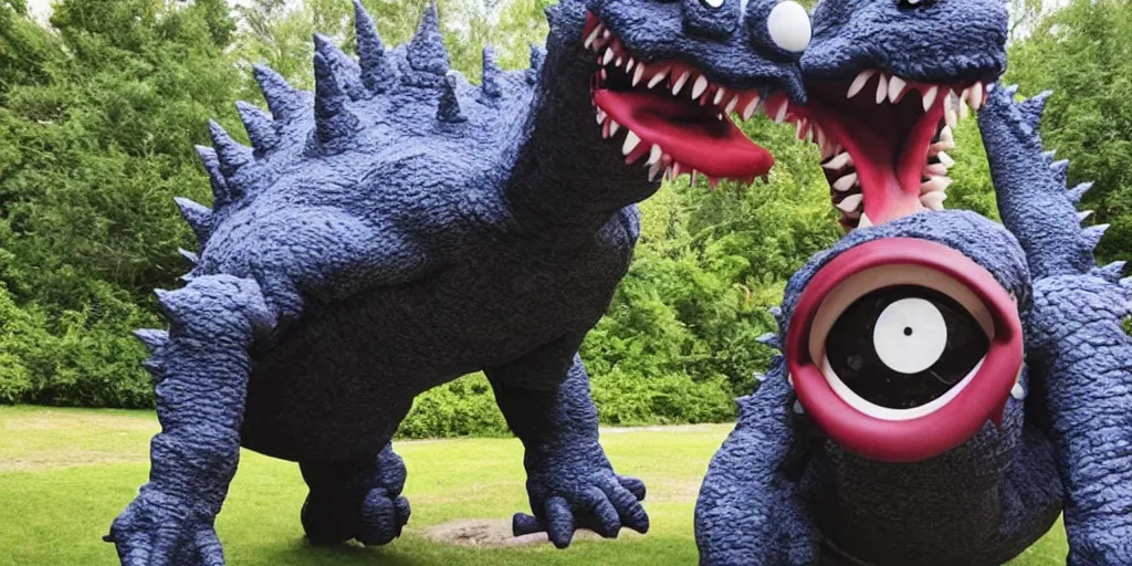 Prompt: photo of a scary yet goofy looking godzilla with googly eyes and human teeth smiling