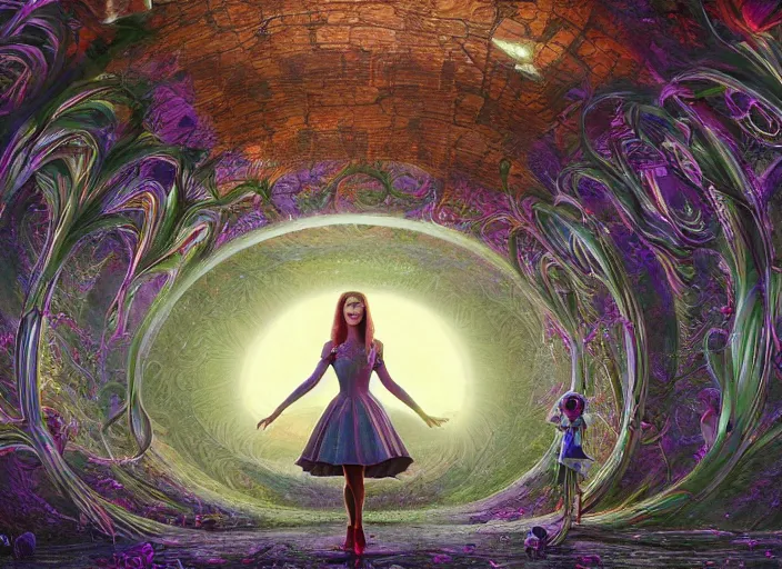 Image similar to vfx surreal 3 d portrait of alice from wonderland walking into a non - euclidean and infinite tunnel of evanescent hallucinatory images, reflections in endless mirrors, hyperdetailed, octane render, sharp focus, concept art, intricate by alex grey, greg rutkowski jeff soto and daniel merriam, dan mumford and pixar, nvidia raytracing demo