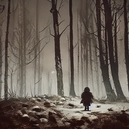 Image similar to in the long past, a alone child, alone in the darside, cold place, mother of witchers, shaodws coming, spirits in the dark, real atmosphere, forest decor