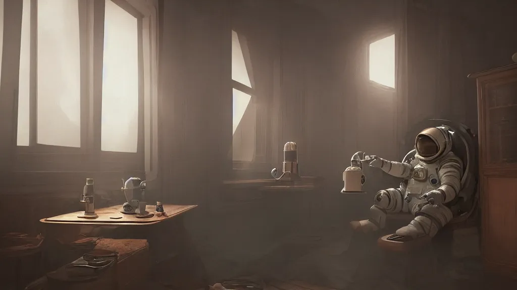 Image similar to a single cosmonaut in a spacesuit drinks steaming tea at an old wooden desk in a richly decorated Victorian house. the autumn light comes in through a window and dimly illuminates the room, diffuse light, octane render