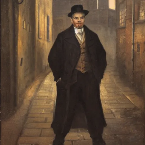 Prompt: portrait of a villain, standing in a gaslit london alleyway