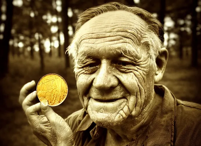 Image similar to old retro burnt out sepia photograph with scratches of an old and wrinkled man testing a golden coin with his teeth. magical forest in the background with bokeh. Antique. High quality 8k. Intricate. Sony a7r iv 35mm. Award winning. Zdzislaw beksinski style