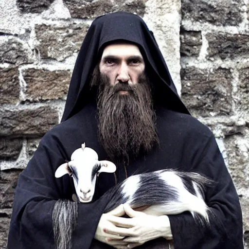 Image similar to photo of breton monks looking like rasputin with with athos monks on athos, with a goat