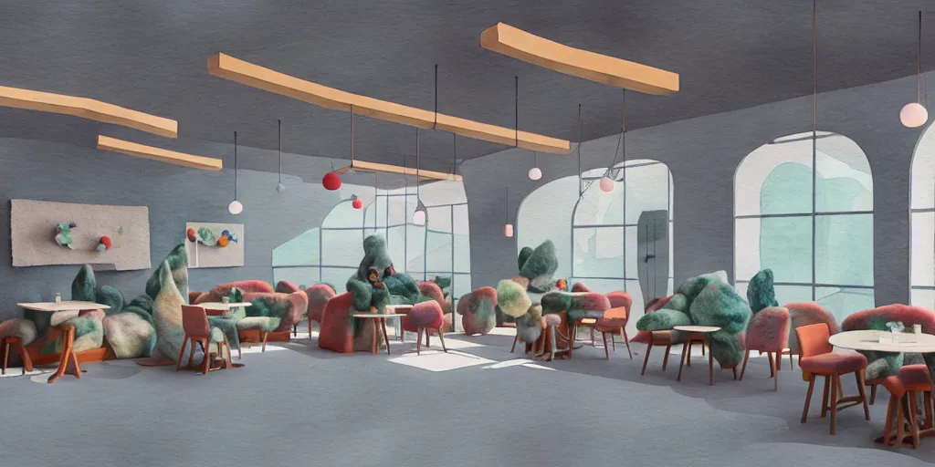 Prompt: an indoor modern cafe, watercolor and wool felting style, design by beeple, isometric style