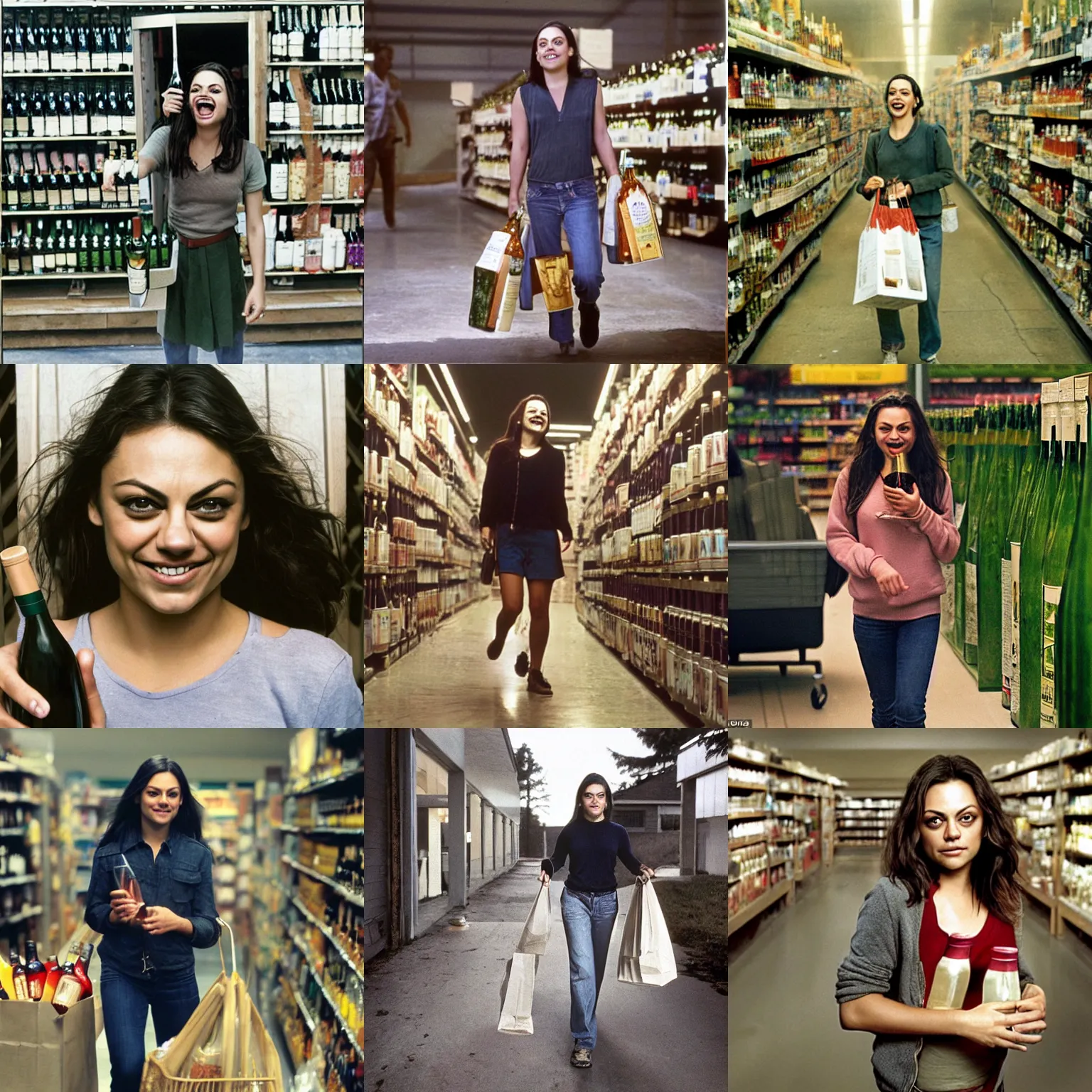 Image similar to face portrait of laughing Mila Kunis walking out of the grocery store holding bottles of wine, Gregory Crewdson, Joel Sternfeld