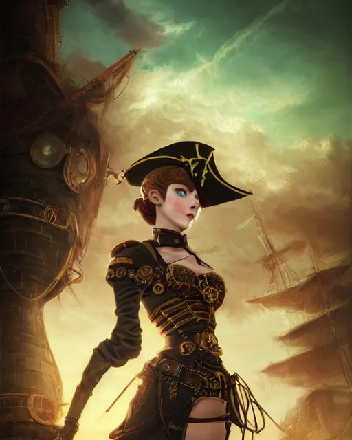 Prompt: a beautiful 2D illustration of a young female steampunk pirate wearing leather armor on gold and red trimmings on green, by Charlie Bowater, tom bagshaw, Artgerm and Lois Van Baarle, very cool pose, pirate ship with an epic sky background, slightly smiling, cinematic anime lighting and composition, fantasy painting, very detailed, ornate, trending on artstation and pinterest, deviantart, google images