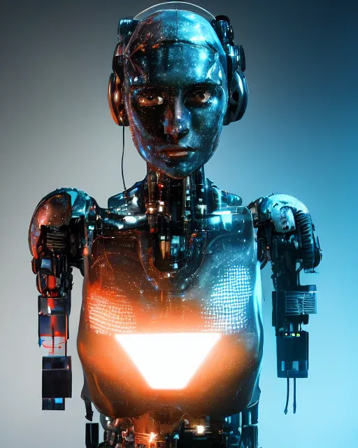 Image similar to photo of sweaty soulful female as a cyberpunk mecha humanoid robotic head and face parts with straight bright led lights, small light emitting cables, sweaty skin dripping down face, ultra - realistic and detailed, long exposure 8 k