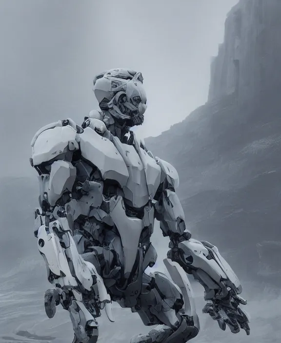 Image similar to surreal romantic metal gear prometheus horizontal white mecha building architecture by ruan jia, futuristic blame, white architecture in the beach in iceland, foggy, highly detailed, digital painting, arstation, concept art, hyperealistic octane render, unreal engine