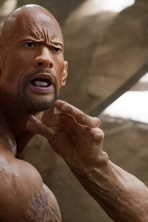 Image similar to An epic cinematic film still of Dwayne Johnson in a movie directed by Denis Villeneuve.