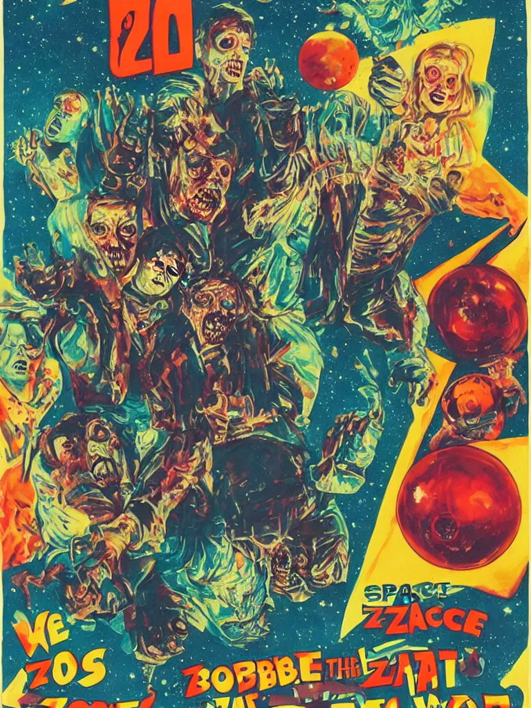 Prompt: movie poster, zombie and disco ball in space, 1970s style, very detailed, text says: Wrath of the Space Disco Zombies