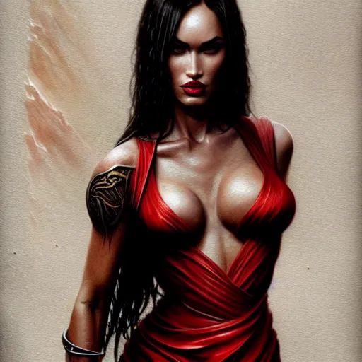 Image similar to portrait of megan fox, muscular upper body, greek, jewelry, red dress, fantasy, intricate, elegant, highly detailed, digital painting, artstation, concept art, matte, sharp focus, illustration, art by aenaluck and roberto ferri and greg rutkowski, epic fantasy, digital painting