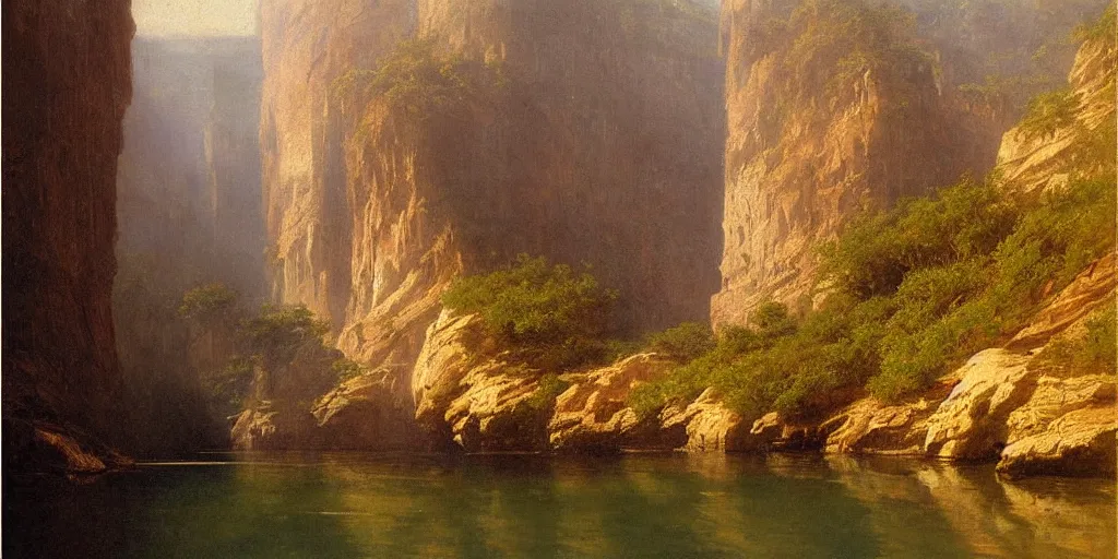 Image similar to lake in a canyon, midday, cinematic, albert bierstadt, greg rutkowski