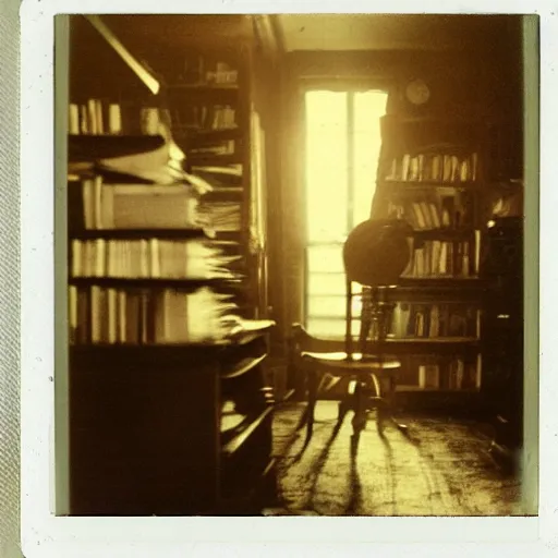 Image similar to 1880, inside a writer room, many books, piles of books, beautiful light, long shadows, 50 mm lens, polaroid photo, yellowed, crackles, scratches, dust, stains