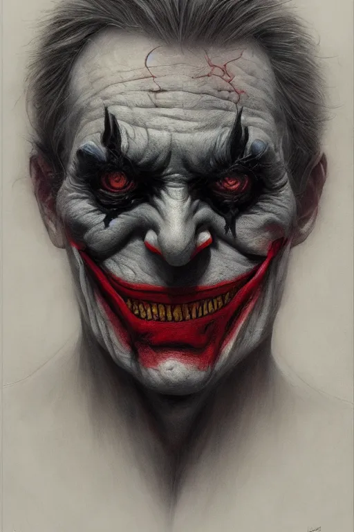 Image similar to Portrait of Joker, dc comics, dark, intricate, smooth, artstation, painted by Wayne Barlowe, Zdislav Beksinski