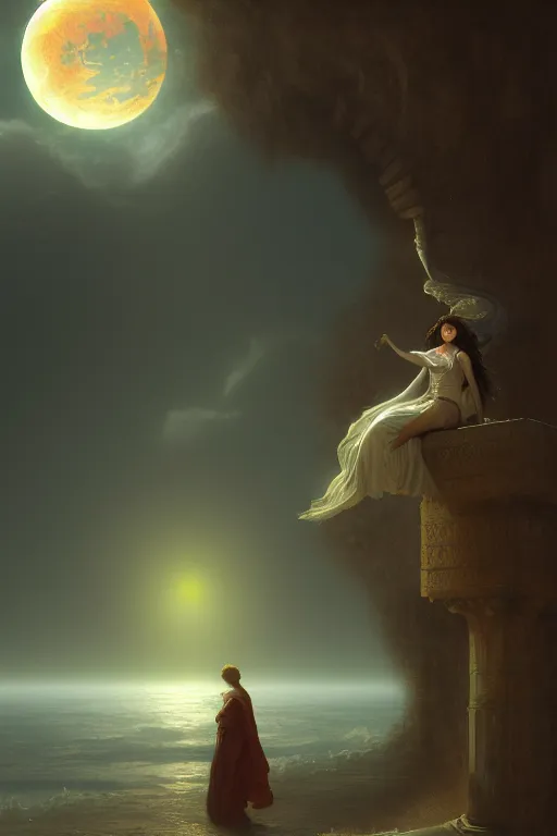 Prompt: One Thousand Years Of Longing,illustration, chaotic, sexy, mist, volumetric lighting, Eros, a nuclear explosion background, a moon, soft lighting, soft details, painting oil on canvas by Edmund Blair Leighton and Charlie Bowater octane render, HDR, trending on artstation, 4k, 8k, HD