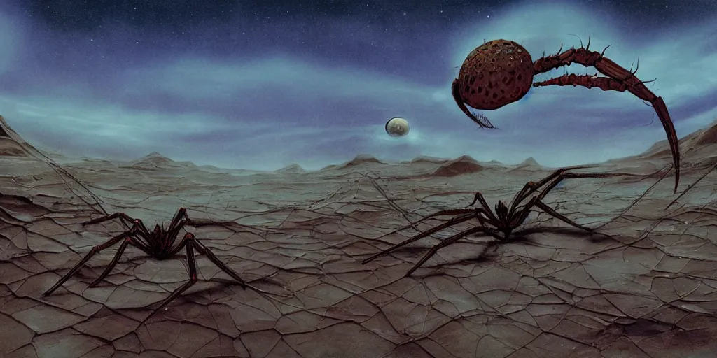 Image similar to remains of a gigantic extraterrestrial spider in the desert, beautiful matte painting of a science-fiction planet, Moebius, Roger Dean, Arstation, Arstation, Artstation