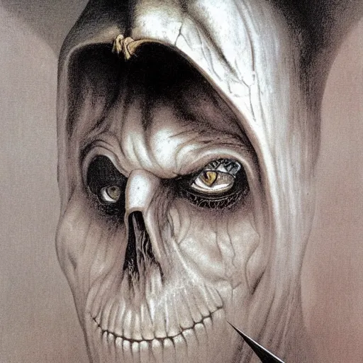 Image similar to inquisitor of Mephistopheles portrait by gerald brom and Zdzisław Beksiński, darkwave