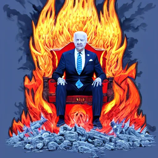 Prompt: Joe Biden sitting on a throne of skulls surrounded by fire, digital painting, highly detailed, trending on Artstation