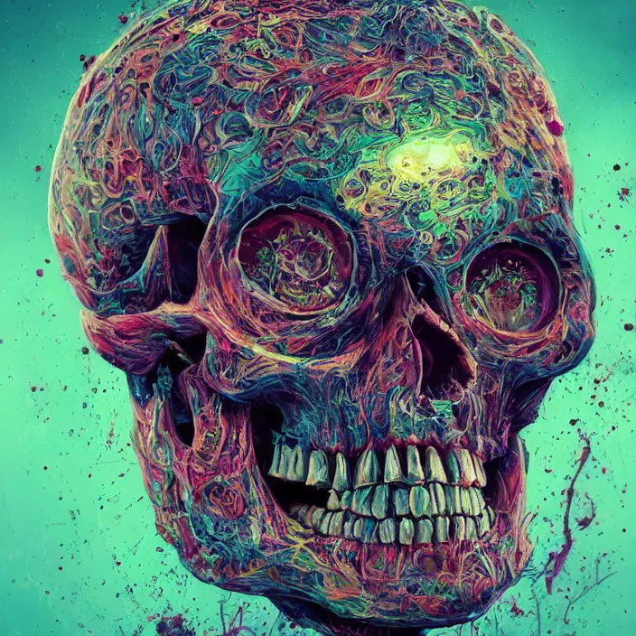 Image similar to portrait of a hypercolor skull. infected with zombie virus. intricate abstract. intricate artwork. nightmare fuel. by Tooth Wu, wlop, beeple, dan mumford. octane render, trending on artstation, greg rutkowski very coherent symmetrical artwork. cinematic, hyper realism, high detail, octane render, 8k, iridescent accents