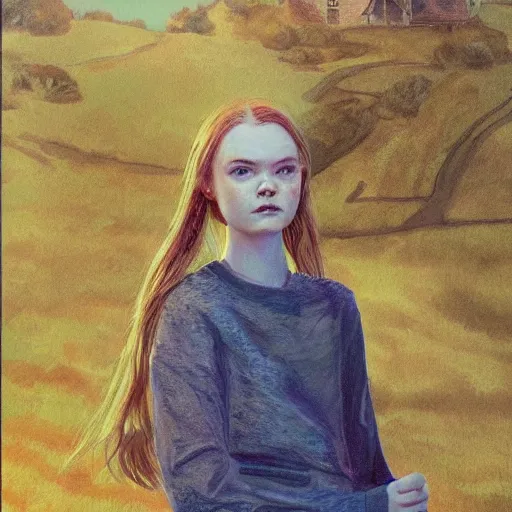 Prompt: Elle Fanning in the painted world of Ghostface, head and shoulders masterpiece, apocalypse, golden hour, cosmic horror, artstation, in the style of Andrew Wyeth and Edward Hopper and Bosch, extremely detailed