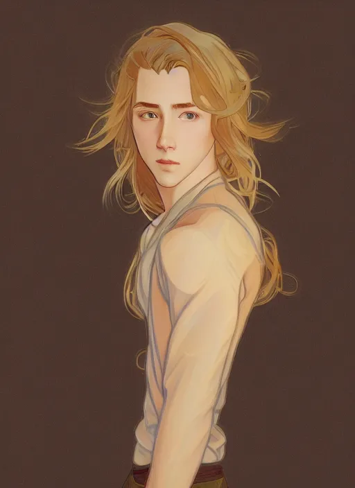 Image similar to pretty young man with shoulder length shiny shimmering golden blond hair, half body shot, path traced, highly detailed, high quality, digital painting, by studio ghibli and alphonse mucha, leesha hannigan, hidari, disney