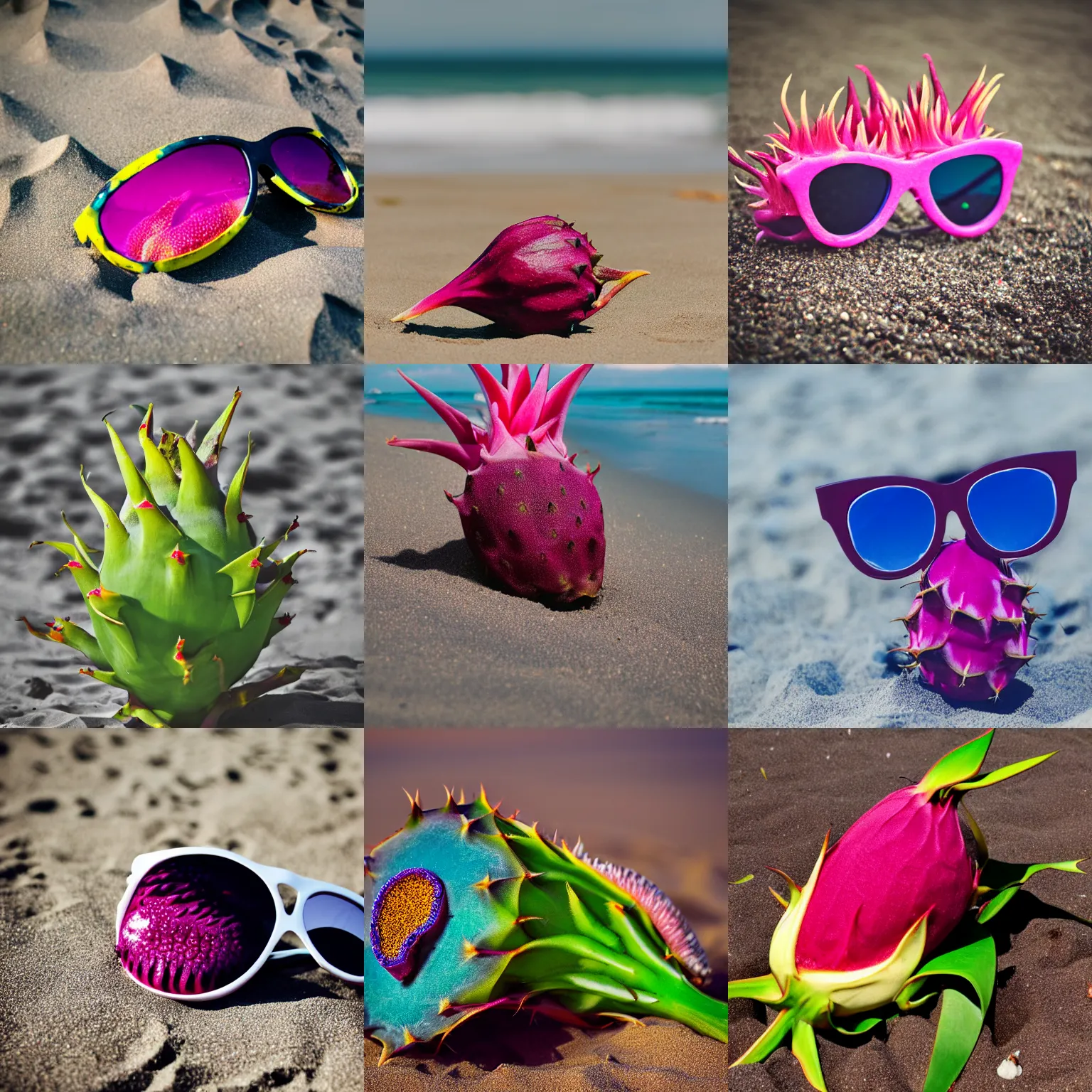 Prompt: 5 5 mm photograph of a cool dragonfruit with sunglasses, on the beach