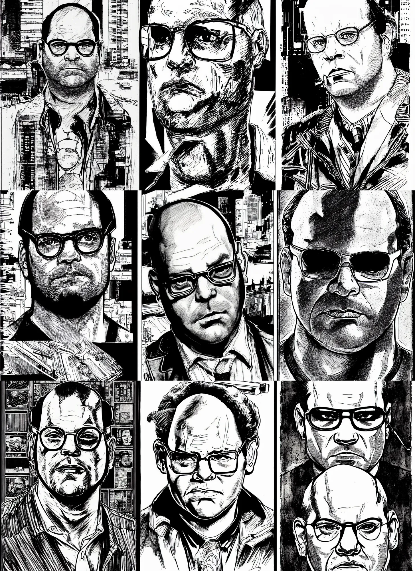 Prompt: george costanza, portrait, cyberpunk 2 0 2 0 manual, by steampoweredmikej, by tim bradstreet, inktober, ink drawing, black and white, coloring pages, manga, highly detailed