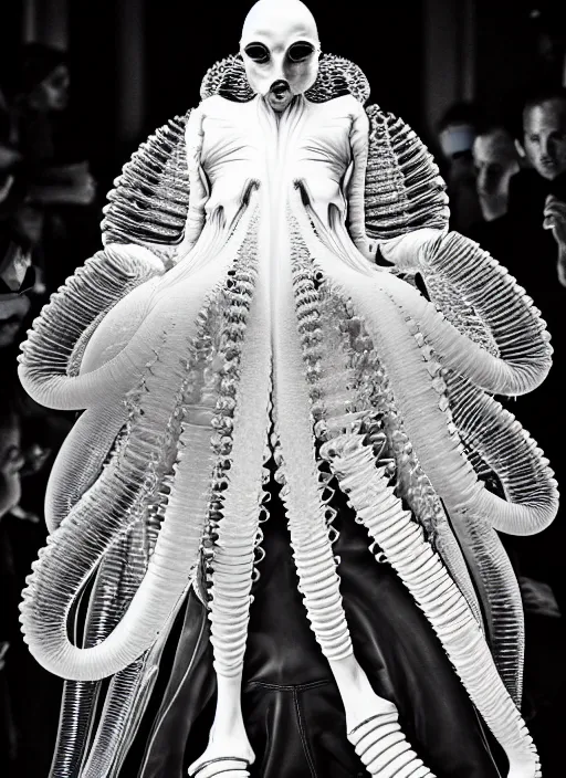 Image similar to walking down the catwalk, steven klein, show, stage, vogue photo, podium, fashion show photo, historical baroque dress, iris van herpen, beautiful woman, full body shot, masterpiece, inflateble shapes, alien, predator, guyver, jellyfish, white biomechanical details, highly detailed