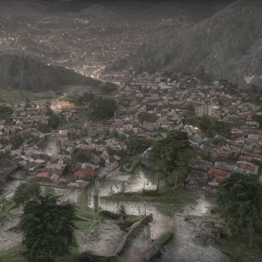 Prompt: the center of a poor medieval town under heavy rain at late night, in a valley, surrounded by mountains, highly detailed, octane render, ultra detailed cinematic, 8 k, widescreen, 1 6 : 9, hd