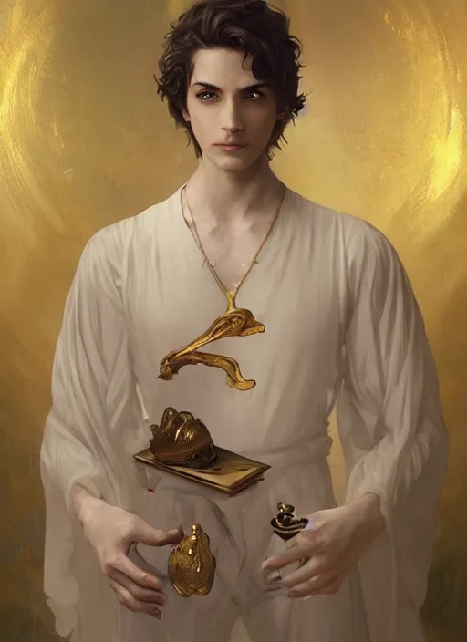 Prompt: character concept portrait of an attractive young princely Spanish wizard with golden skin enchanting a mutilating curse, a floating iridescent spell book in the center, intricate, elegant, digital painting, concept art, smooth, sharp focus, illustration, from Metal Gear, by Ruan Jia and Mandy Jurgens and William-Adolphe Bouguereau, Artgerm