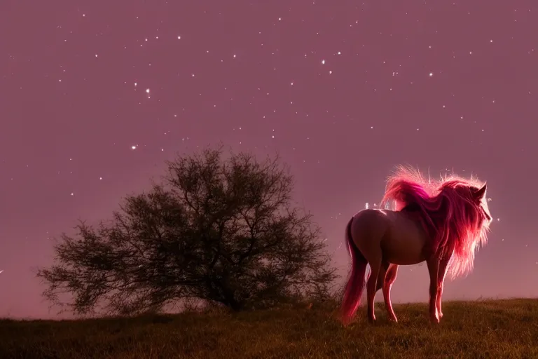 Prompt: Pinkie Pie equine sitting down, view from behind, pony facing away looking to the horizon, professional animal photography and mood lighting, flowing mane and tail, relaxed expression, fireflies, subtle fog, 4k