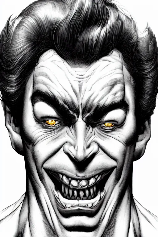 Image similar to aesthetic digital portrait of a handsome young man with a sinister grin by brian bolland, rachel birkett, alex ross, and neal adams | dark, intimidating, imposing, portrait, character concept, concept art, unreal engine, finalrender, centered, deviantart, artgerm