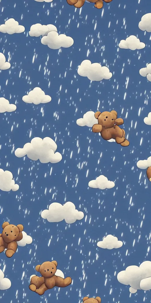 Prompt: teddy bears raining from a stormy cloud, anime scenery, 4k ultra