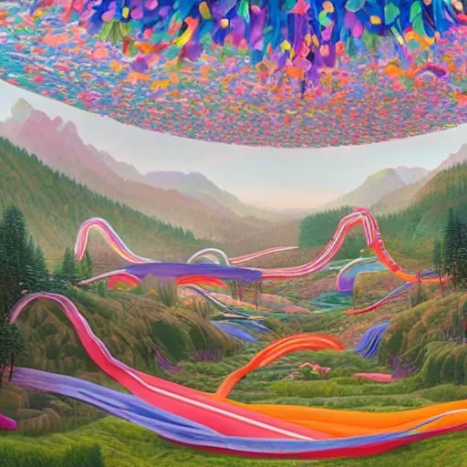 Image similar to inflatable landscape with forest, river and mountains in the middle of the frame colossal balloon surrounded by colorful ribbons and party confetti , concept art, huge scale, high detail, sci fi by James Jean