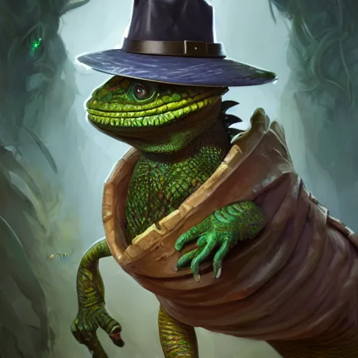 Prompt: an anthropomorphic chameleon wearing a 10-gallon hat, full body portrait, wide angle, D&D, fantasy, intricate, elegant, highly detailed, digital painting, artstation, concept art, matte, sharp focus, illustration, hearthstone, art by Artgerm and Greg Rutkowski and Alphonse Mucha