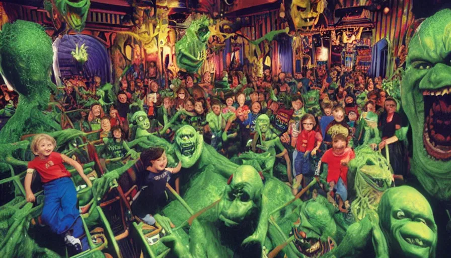 Prompt: 1990s photo of inside the Goosebumps Ride at Universal Studios in Orlando, Florida, children riding through a world made of many Goosebump book characters,, slime, cinematic, UHD