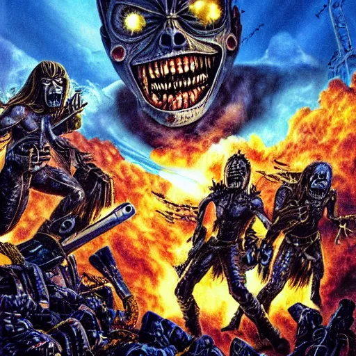 Image similar to iron maiden album cover, science - fiction futuristic apocalyptic war scene with explosions, soldiers firing