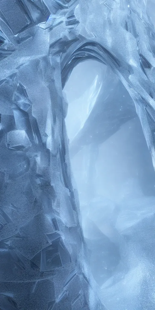 Image similar to interdimensional galaxy portal covered in frost, zaha hadid hyader alive, ice gate, volumetric light, volumetric fog, unreal engine, photorealistic, 8 k