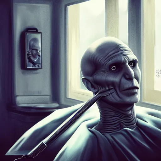 Prompt: Voldemort at the barber shop, digital art, trending on artstation, HDR, nicely detailed