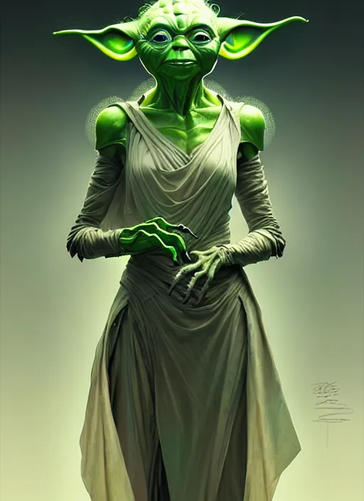 Image similar to organic cyborg yoda, diffuse lighting, fantasy, intricate, elegant, highly detailed, lifelike, photorealistic, digital painting, artstation, illustration, concept art, smooth, sharp focus, art by john collier and albert aublet and krenz cushart and artem demura and alphonse mucha