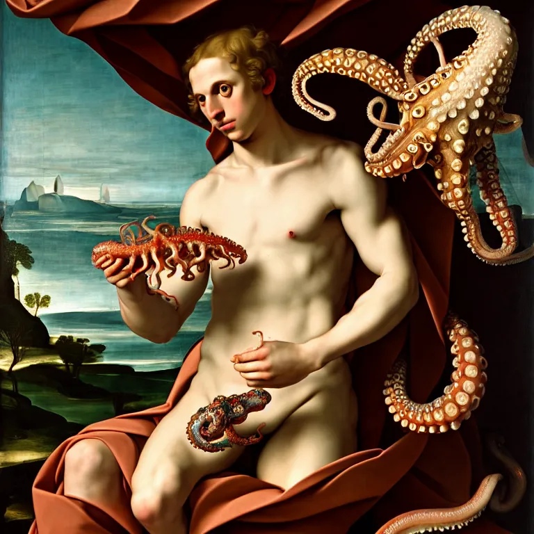 Image similar to young white man standing in a shell, holding a squid, octopus, sea in the background, beautiful baroque portrait painting, beautiful detailed intricate insanely detailed octane render trending on Artstation, 8K artistic photography, photorealistic, chiaroscuro, Raphael, Caravaggio