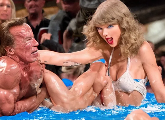 Prompt: taylor swift oil wrestling with arnold schwarzenegger, movie still, from the movie over the top, 8 k, realistic