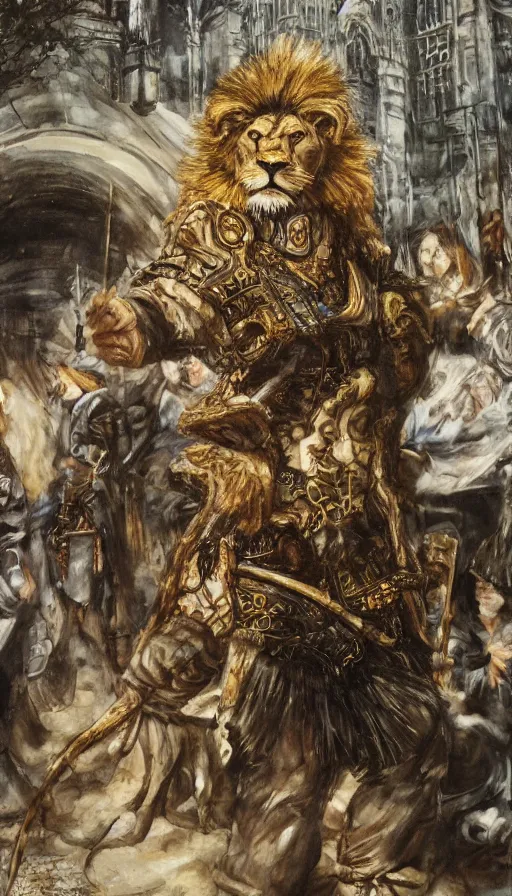 Image similar to 8 k yoshitaka amano painting of upper body of a young cool looking lion beastman with white mane at a medieval market at windy day. depth of field. he is wearing complex fantasy clothing. he has huge paws. renaissance style lighting.