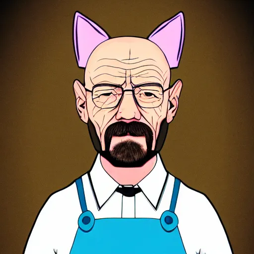 Prompt: walter white wearing cat girl ears and a maid dress, 4 k, high resolution, illustration, badass