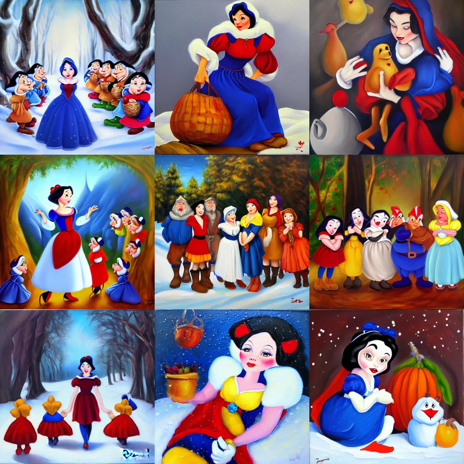 Prompt: Snow white and seven dwarfs, oil painting by Zuzana Chalupova