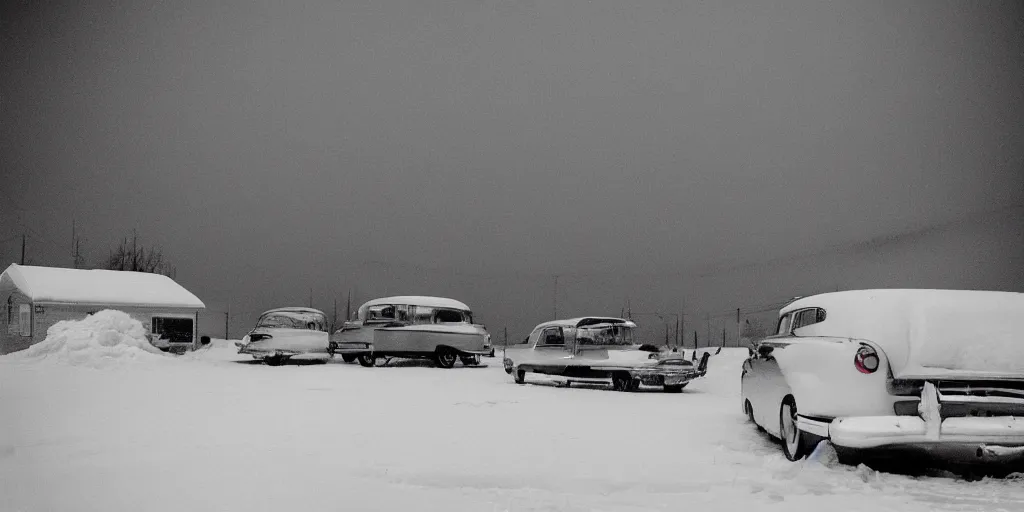 Image similar to detailed sharp photograph in the style of popular science circa 1 9 5 5 and gregory crewdson of a 1 9 5 0 s trailer park mid winter storm